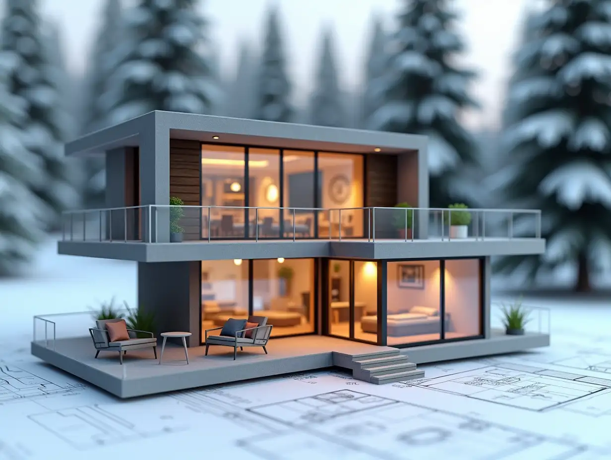 Modern-TwoStory-House-Model-on-Architectural-Blueprints-with-Winter-Background