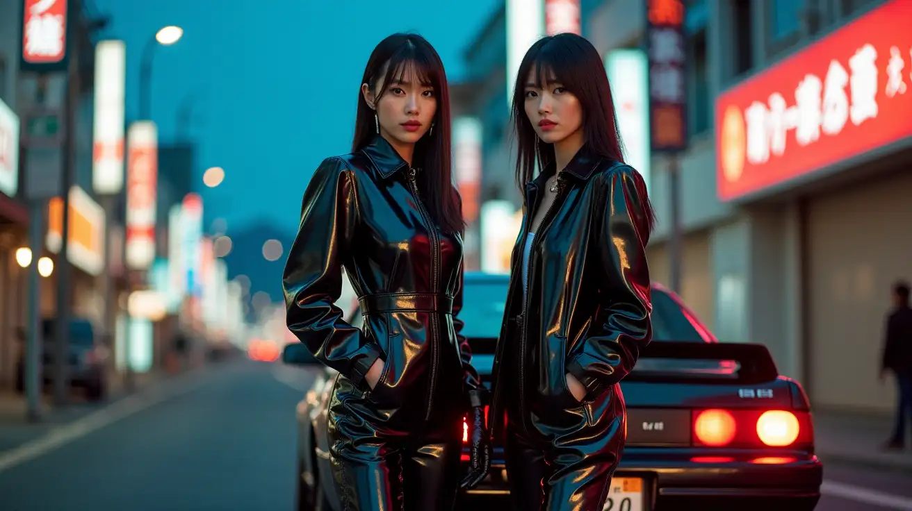 Two-Asian-Women-in-Shiny-PVC-Jumpsuits-on-Japanese-Street-at-Dusk-with-Nissan-R32