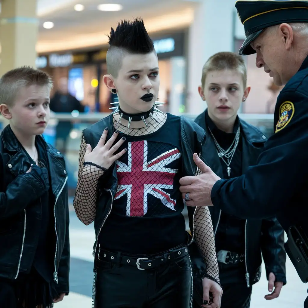 A full body pose of a 12-year-old Haley Joel Osment who decided to be gothic. He's wearing black lipstick and nail polish and has a jet black spiky undercut haircut. He had on a black spiked choker with silver 2 inch spikes on it. He has small silver pentagram earrings dangling from his ear lobes. He is a goth Anglophile teen. He has a union jack logo on his black fishnet shirt. He has on black leather pants and black Demonia damned 225 boots that are extremely thick knee high. Show The boy and his gothic boy cousins from London England 🇬🇧 who were 13-years old together in the mall. The boy and his cousins are wearing black trench coats. A mall security guard stops the kids to investigate them.