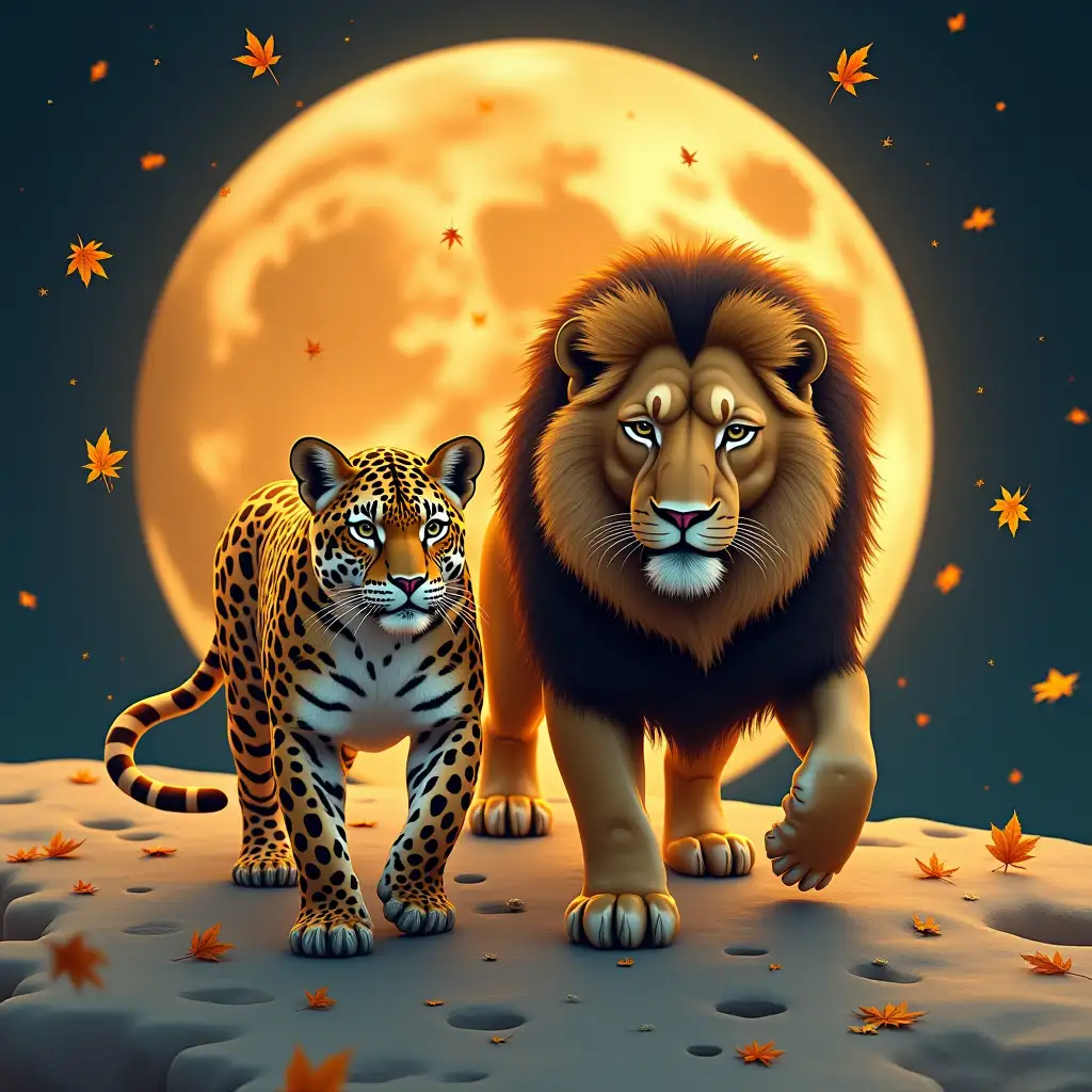 A leopard and a lion walking together on the moon's surface with the sun behind them and falling autumn leaves on them