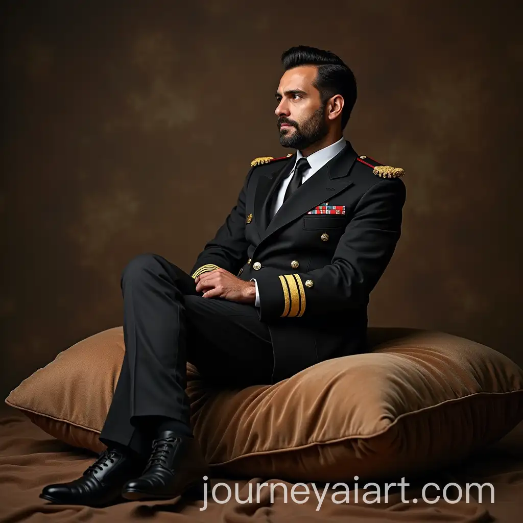 Elegant-Turkish-Officer-Seated-on-Large-Soft-Cushion-Tied-Up
