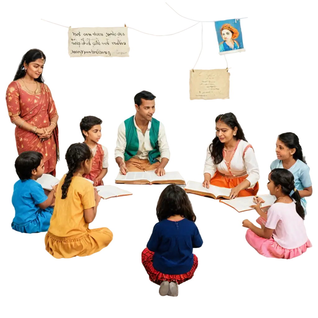 Modern-Classroom-with-Indian-Storyteller-Holding-Ancient-Manuscript-PNG-Image