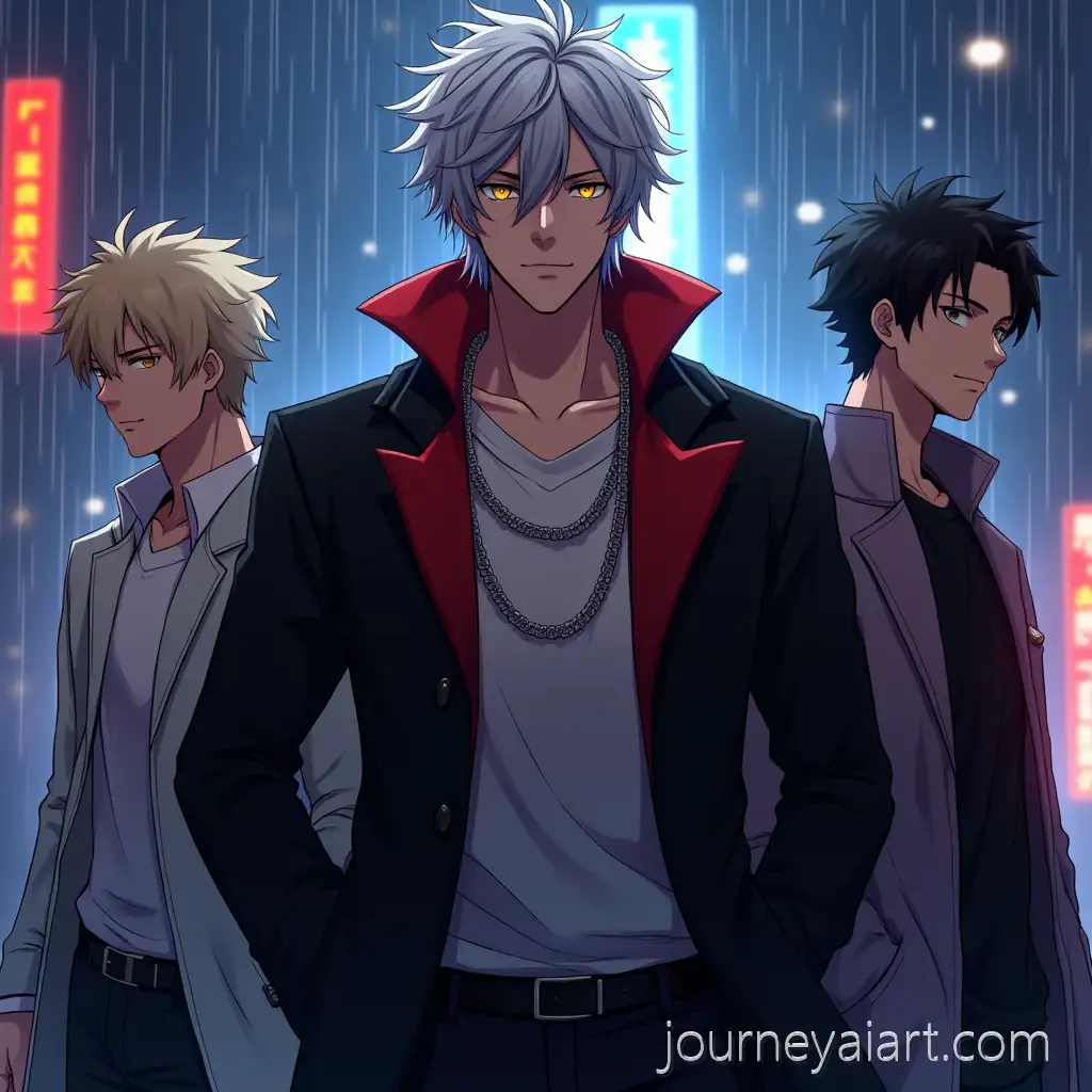 Anime-male-with-silver-hairAnime-Characters-in-NeonLit-Rain-with-SilverHaired-Handsome-Male-and-Friends