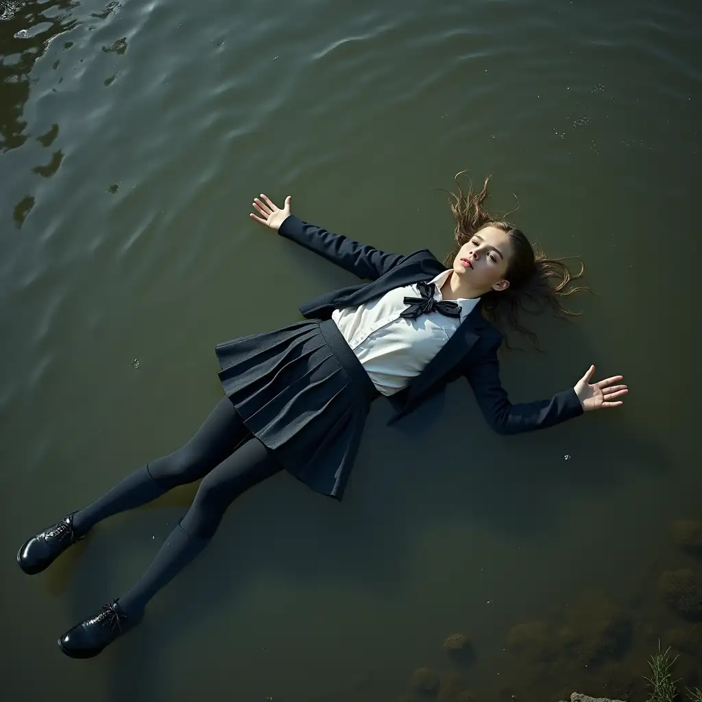 A young schoolgirl in a school uniform, with a skirt, jacket, blouse, dark tights, high-heeled shoes. She is swimming in a dirty pond, lying underwater, with water up to her neck, the whole body under water, immersed in water, under the water surface, all clothes completely wet, clothes soaked through, no dry spots on the clothes, wet clothes stick to the body.