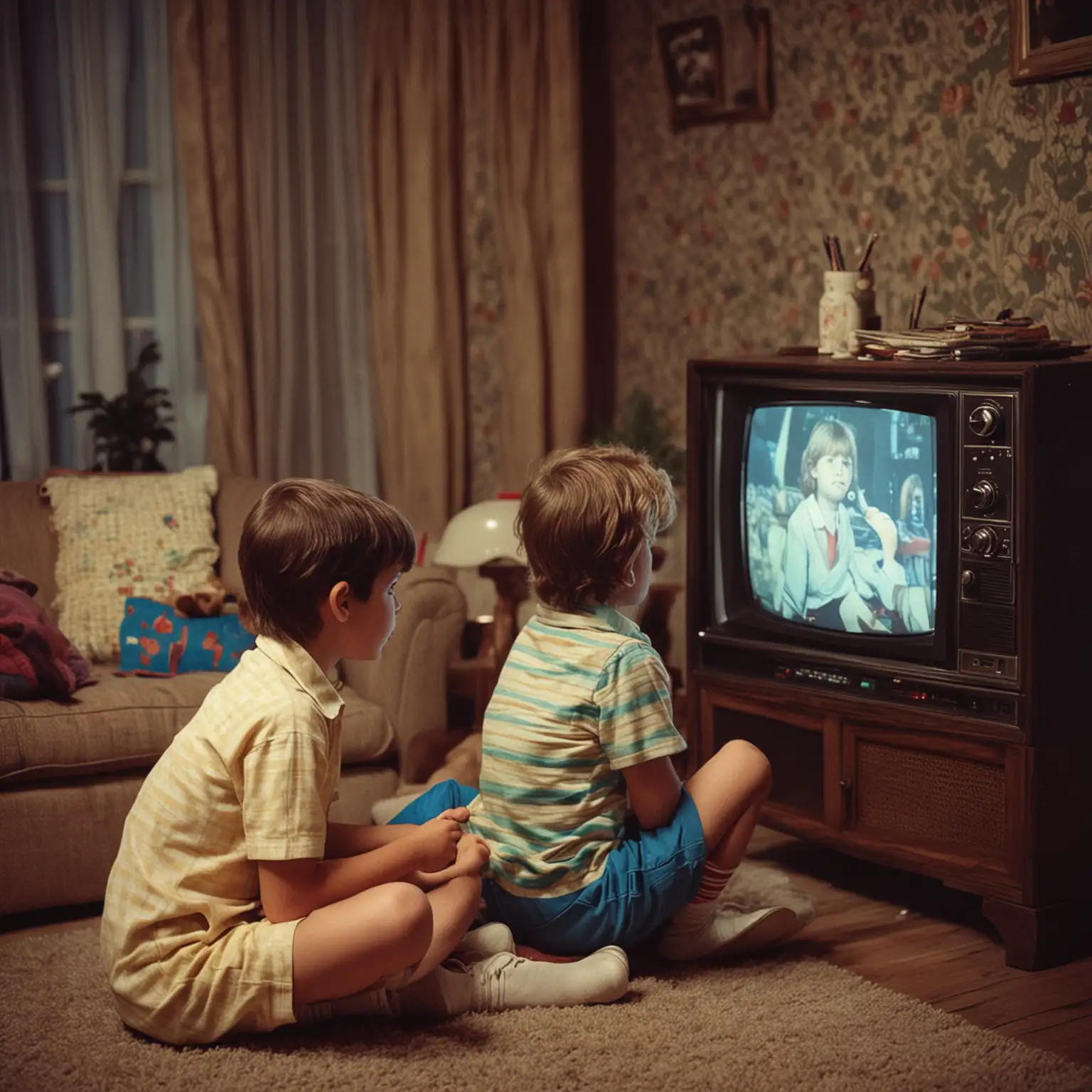 Vintage Children Watching Television at Night in the 80s