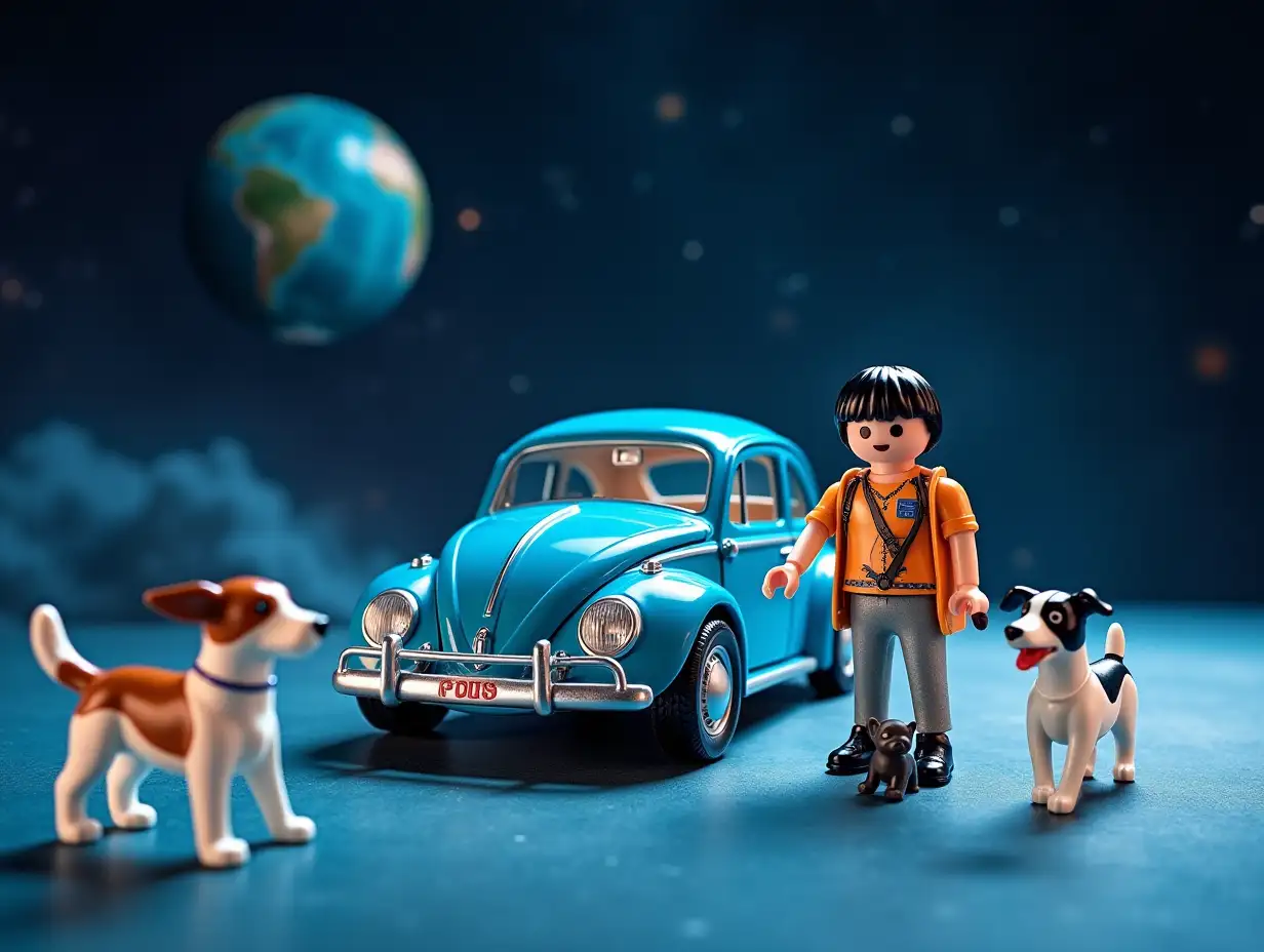 A Playmobil set with a black-haired boy, a blue Volkswagen Beetle, two Jack Russell dogs and a small black dog, walking through space above Earth