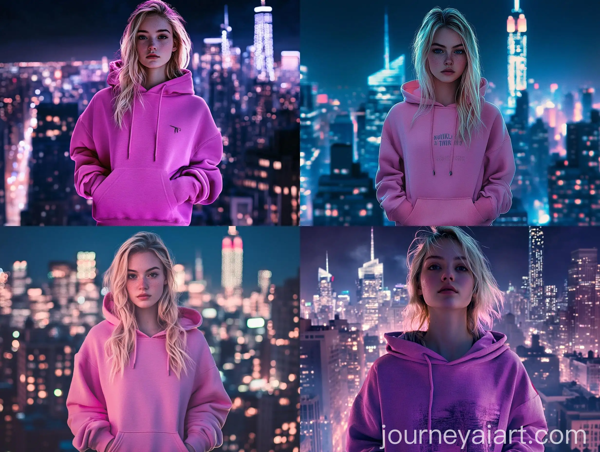 Blonde-Girl-in-Oversize-Pink-Hoodie-Against-Night-Manhattan-Skyline