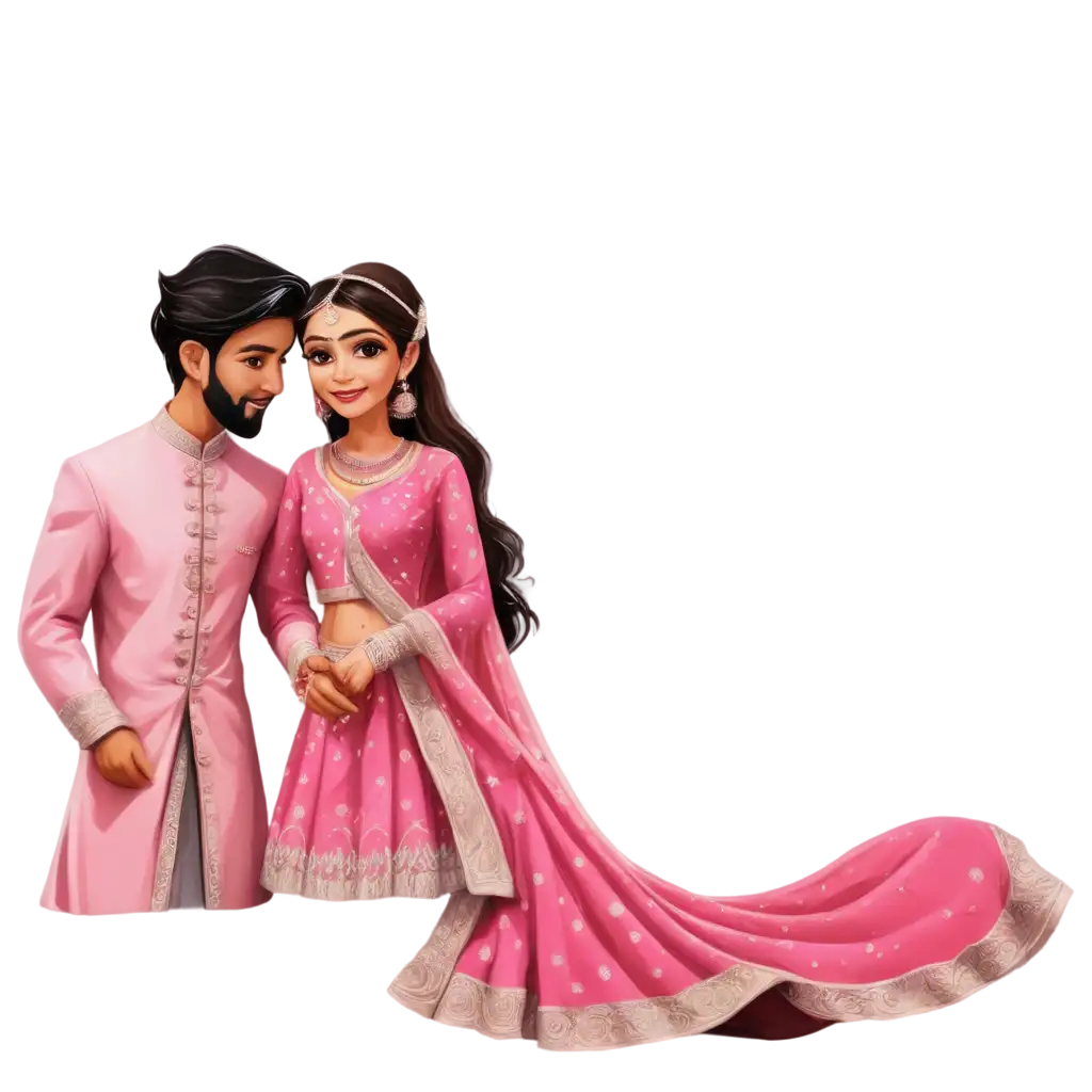 Stunning-PNG-Image-Henna-Cartoon-Bride-and-Groom-in-Embroidered-Pink-Lehenga-and-Sherwani