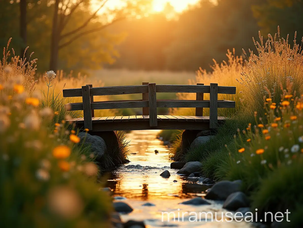 Rustic Wooden Bridge Crossing Stream Amidst Wildflowers