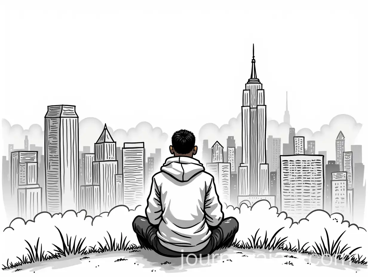 Hip-Hop-Rapper-Sitting-on-a-Hill-Overlooking-a-City-in-Black-and-White-Sketch-Style
