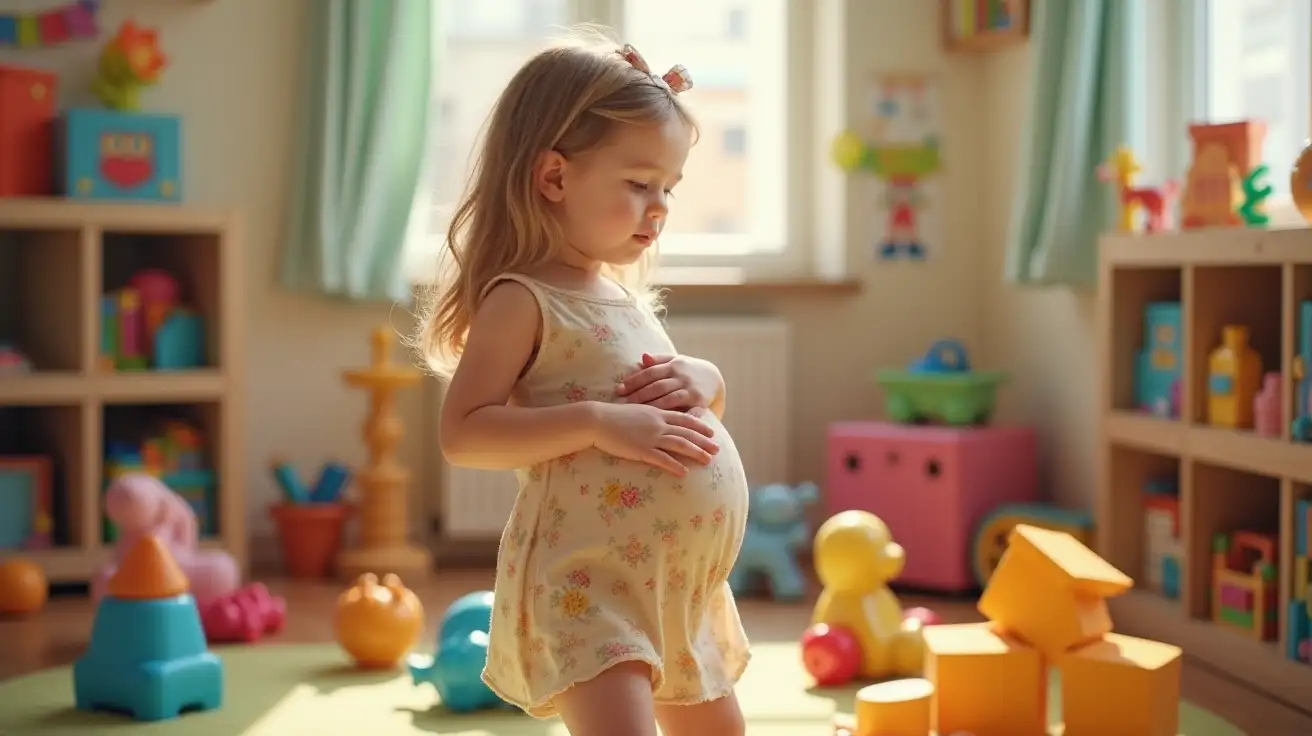 Pregnant-Young-Girl-in-Sundress-Surrounded-by-Toys-at-School