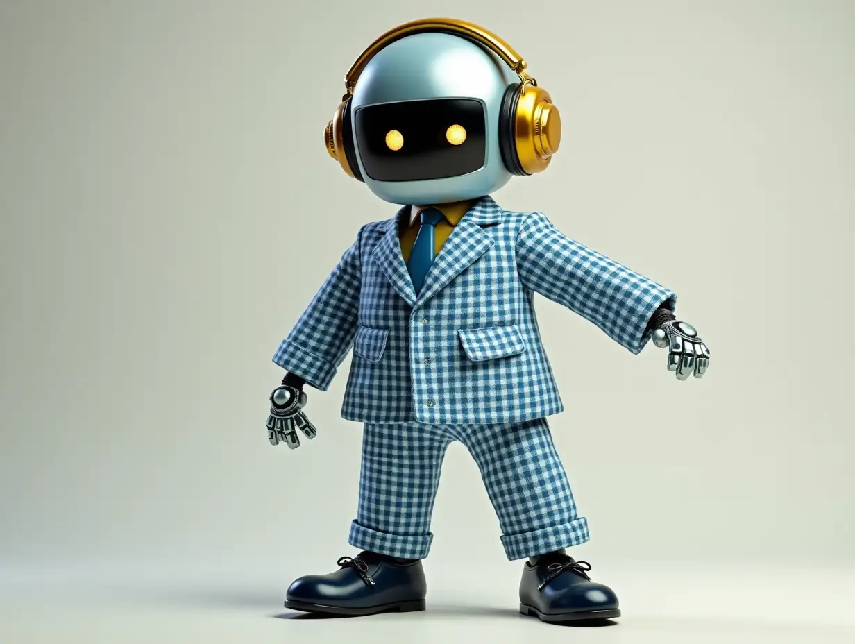 Create a high-resolution, realistic image of a robot with square eyes, gold headphones of a fashionable blue and white checked suit, patent leather shoes and strike a pose