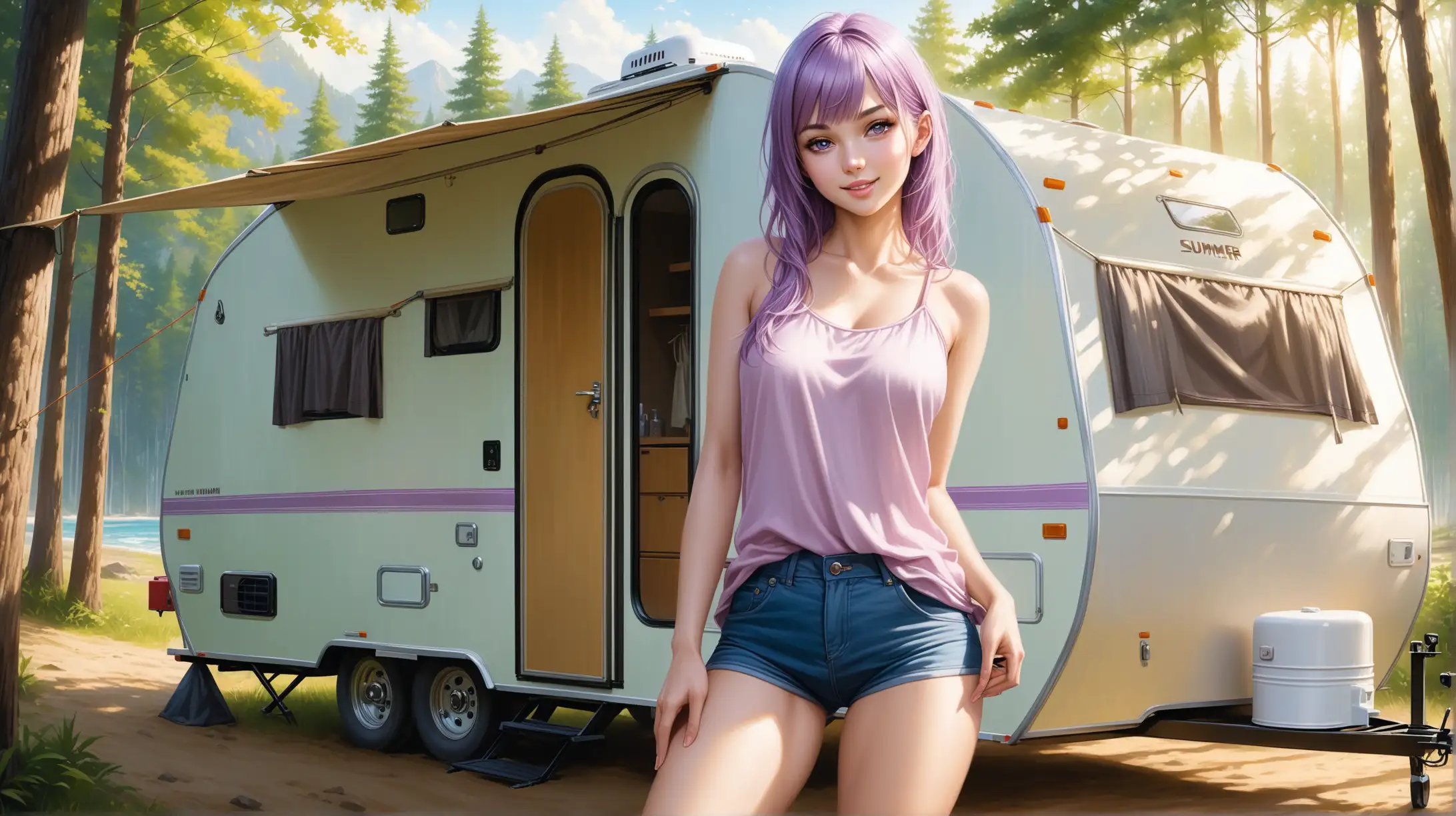 Woman with Short Light Purple Hair Smiling Outdoors in Summer