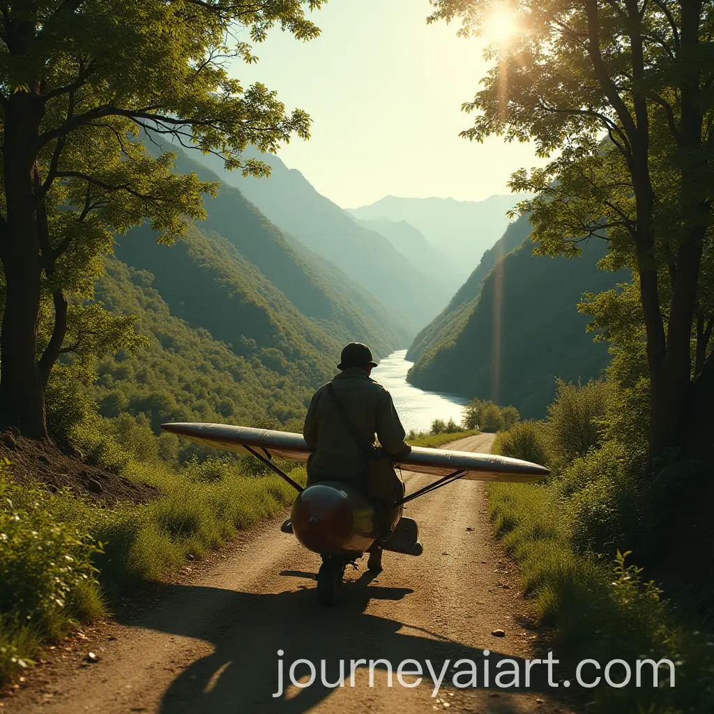 Traveler-on-Vintage-Airplane-Over-Green-Valley-Landscape