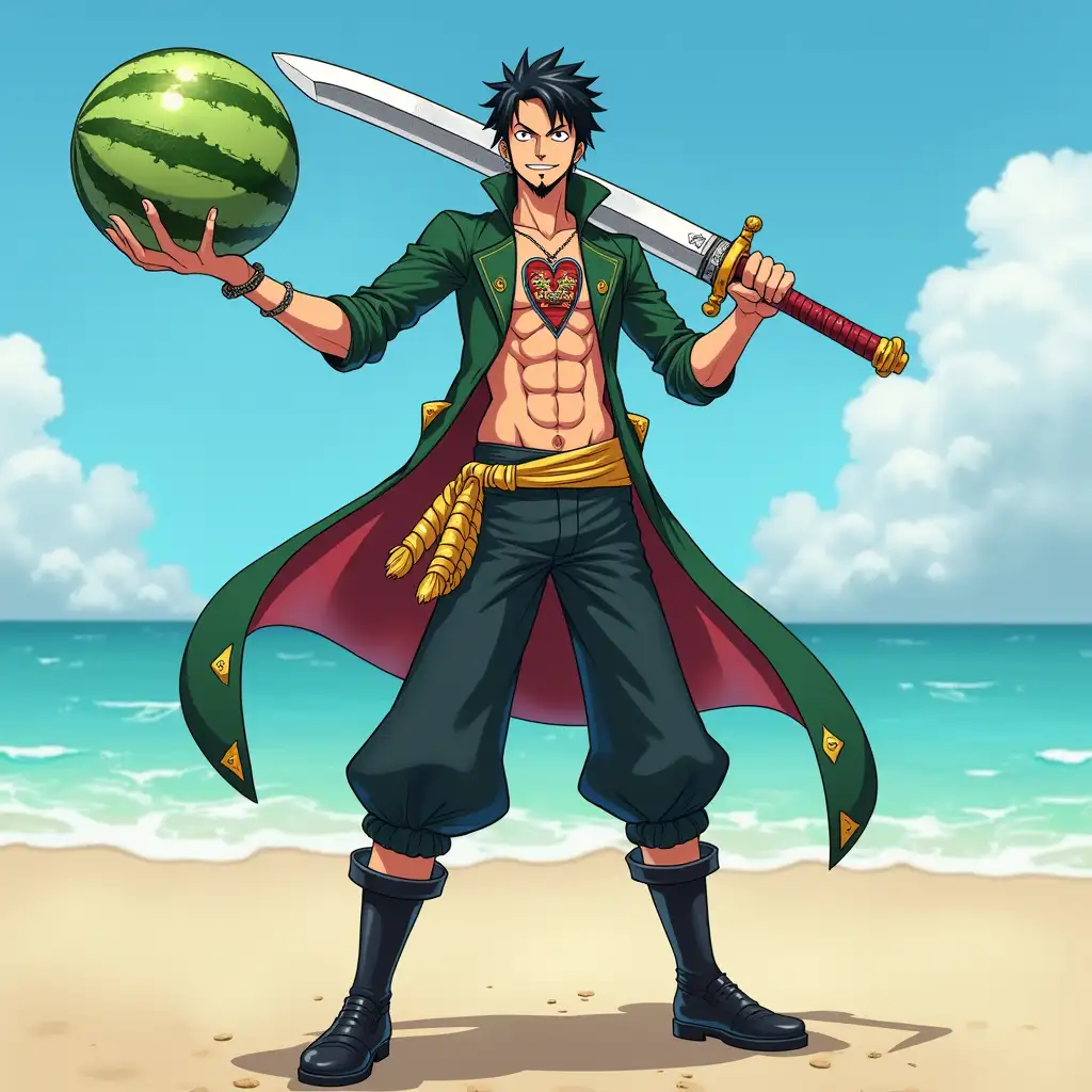 Trafalgar-D-Water-Law-Slicing-Watermelon-on-the-Beach-with-Sword