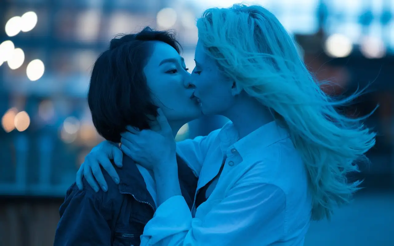 Cinematic-Moment-Two-Beautiful-Women-Sharing-a-Romantic-Kiss