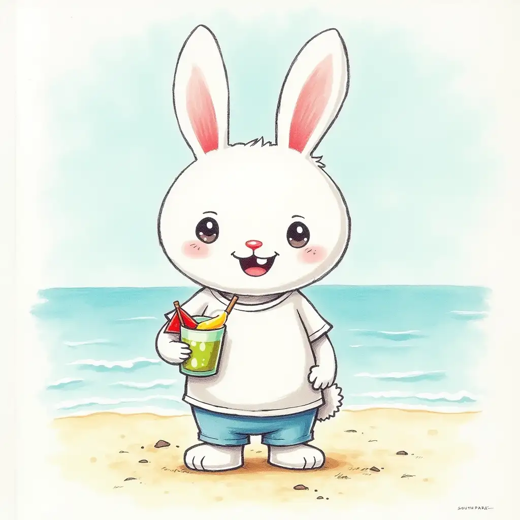 a picture that looks like it was drawn with a colored pencil on a piece of paper. The lines are not too smooth, and the texture of the paper is visible. The picture shows a white humanoid happy rabbit, a large head, a cartoon view in the style of South Park. He's wearing a T-shirt and shorts, standing on the beach with a cocktail.