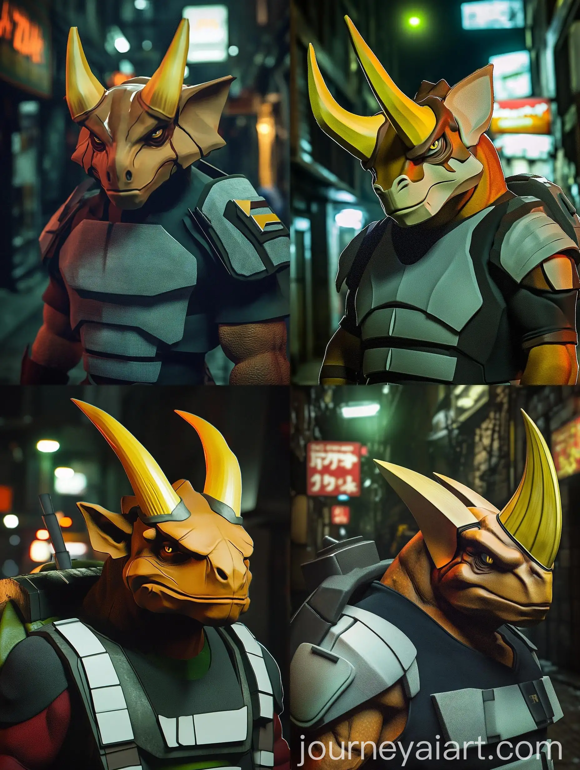 Muscular-Triceratops-Alien-in-Gray-Space-Suit-at-Night-Alley