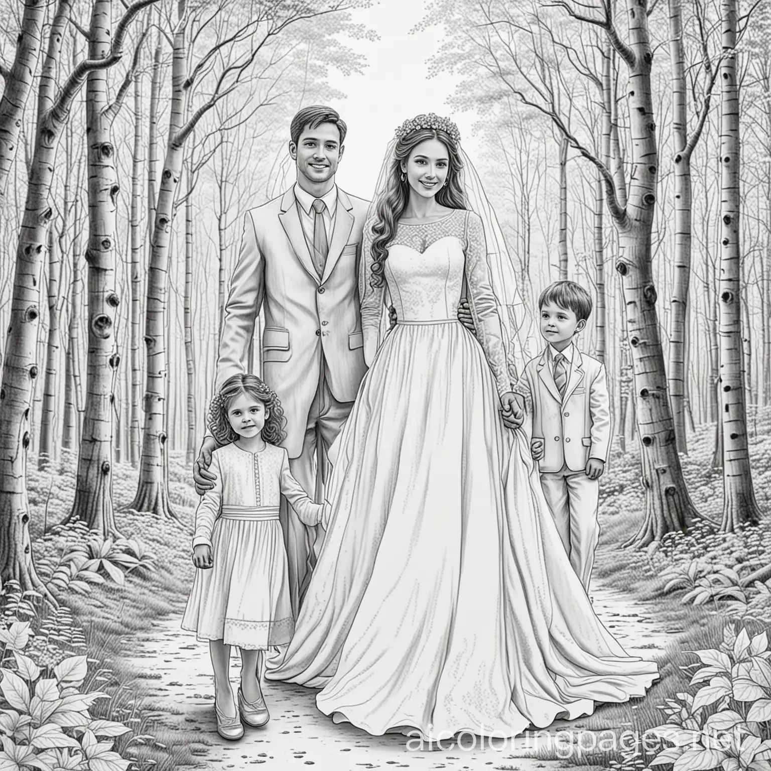 Realistic-Bride-with-Husband-and-Children-in-Forest-Coloring-Page