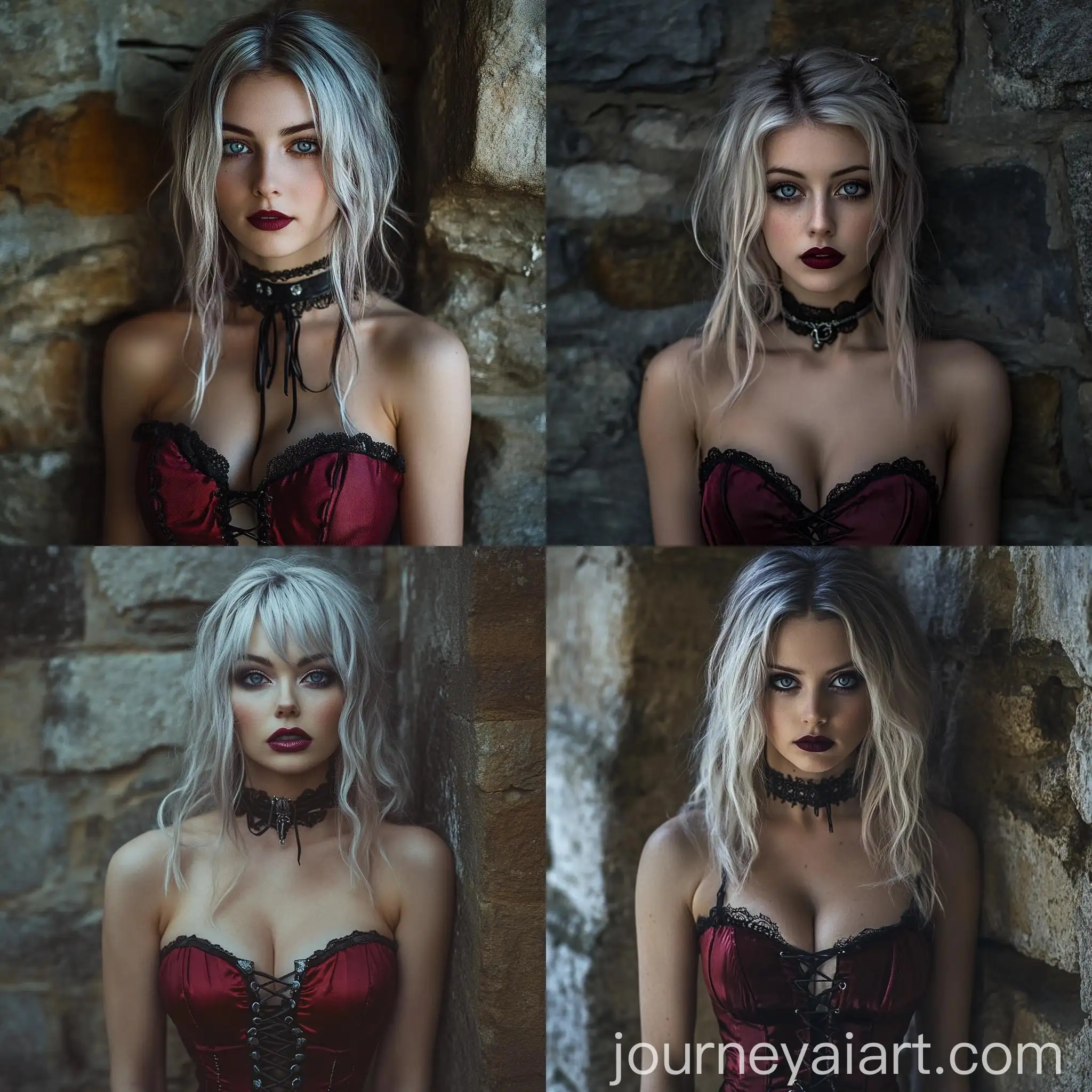 Mesmerizing-Woman-with-Plum-Lips-and-Silver-Highlights-Against-Stone-Wall