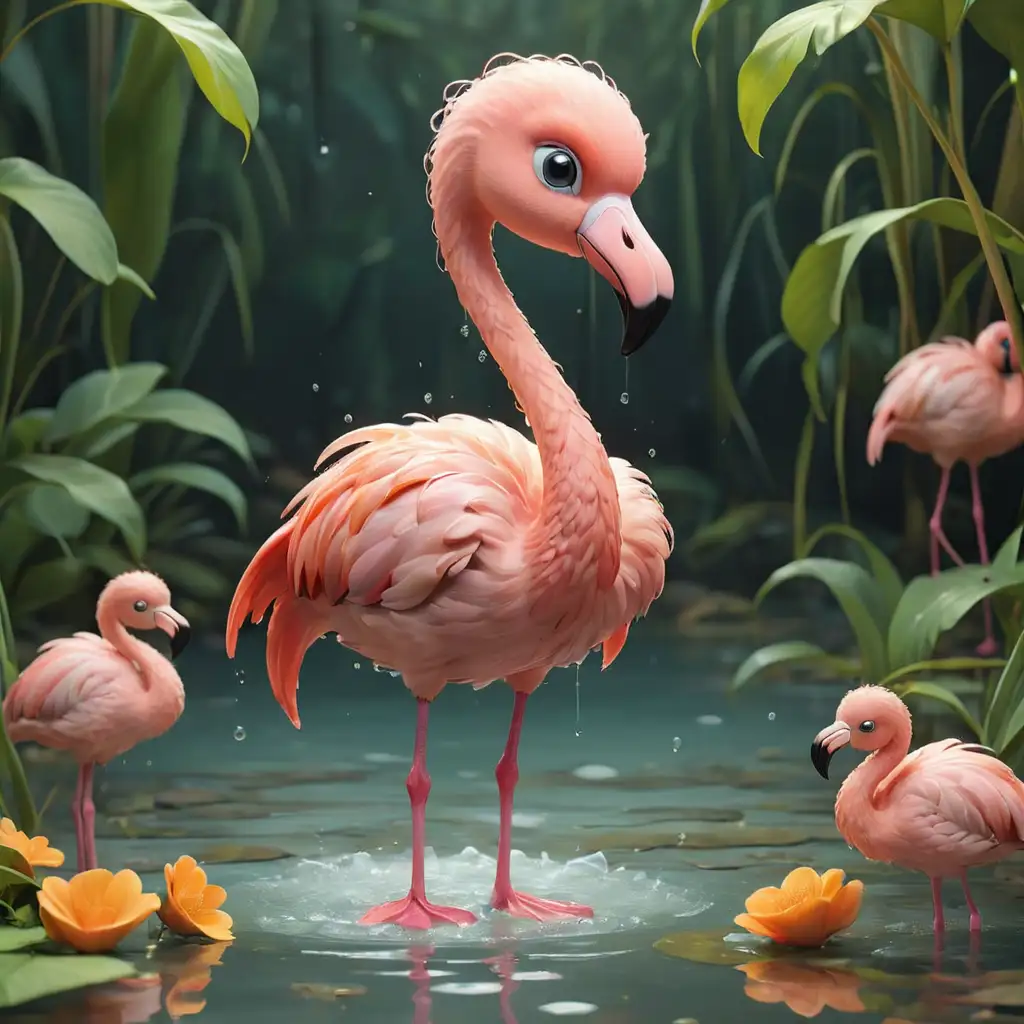 Whimsical Childrens Book Illustration of a Happy Flamingo Standing in Bright Water