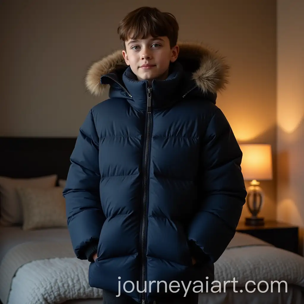 13YearOld-Boy-Wearing-Thick-Puffy-Navy-Winter-Coat-in-Warm-Bedroom