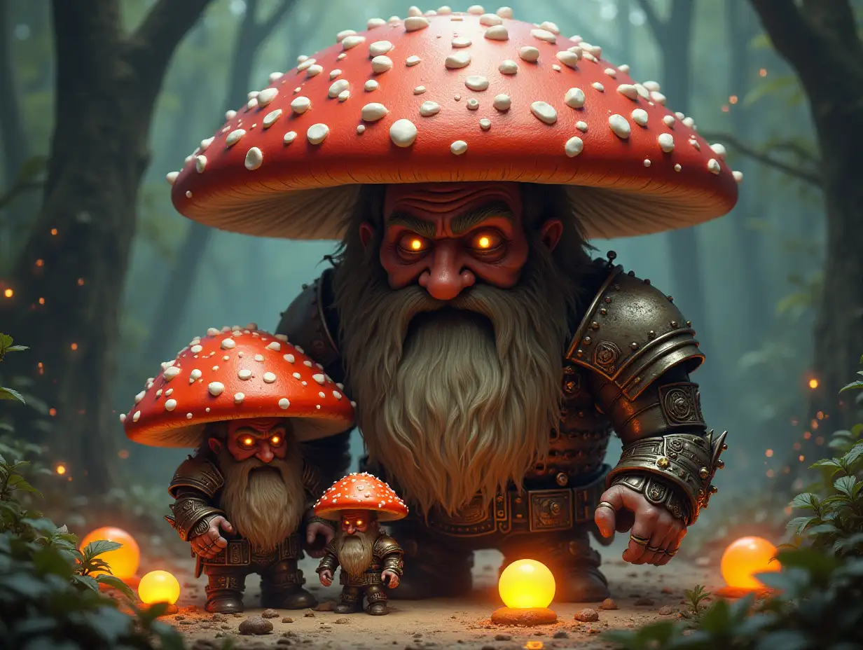 Ki fantasy-Family,Mushroom Woman,Mushroom Man,and Mushroom Children giant mushroom face with beard and metal armor and glowing balls on the ground equipment