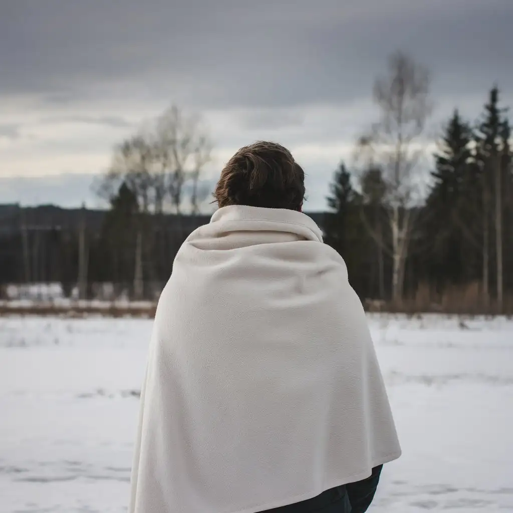 Cozy Winter Evening Person Wrapped in White Blanket