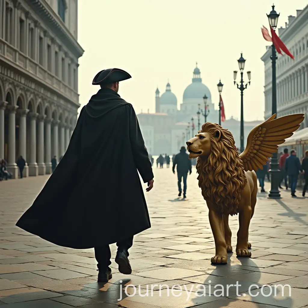 Person-in-Venetian-Cloak-and-Golden-Winged-Lion-Walking-Towards-San-Giorgio-Maggiore-in-Venice