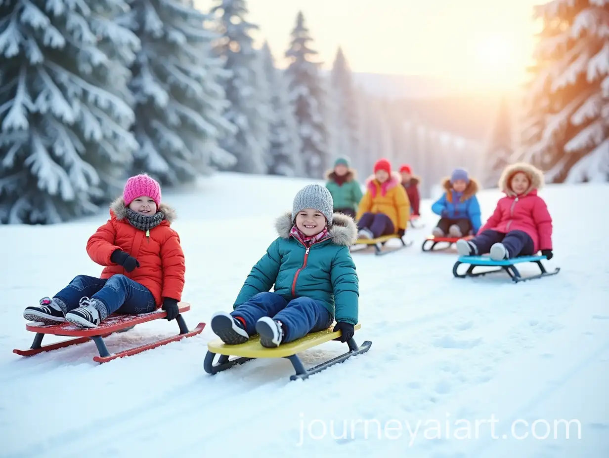 Children-Enjoying-Colorful-Sledding-on-a-Snowy-Hill