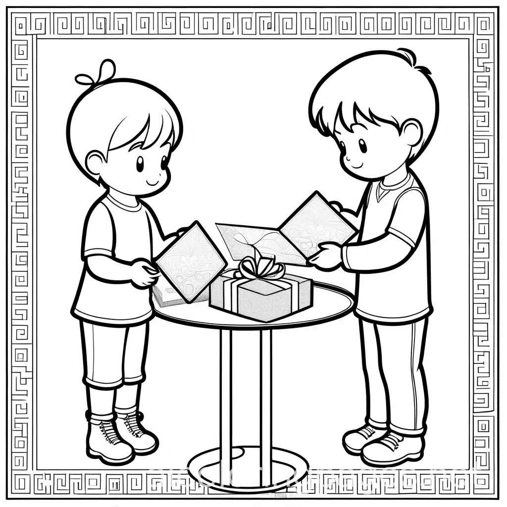 Children-Exchanging-New-Years-Cards-in-Simple-Line-Art