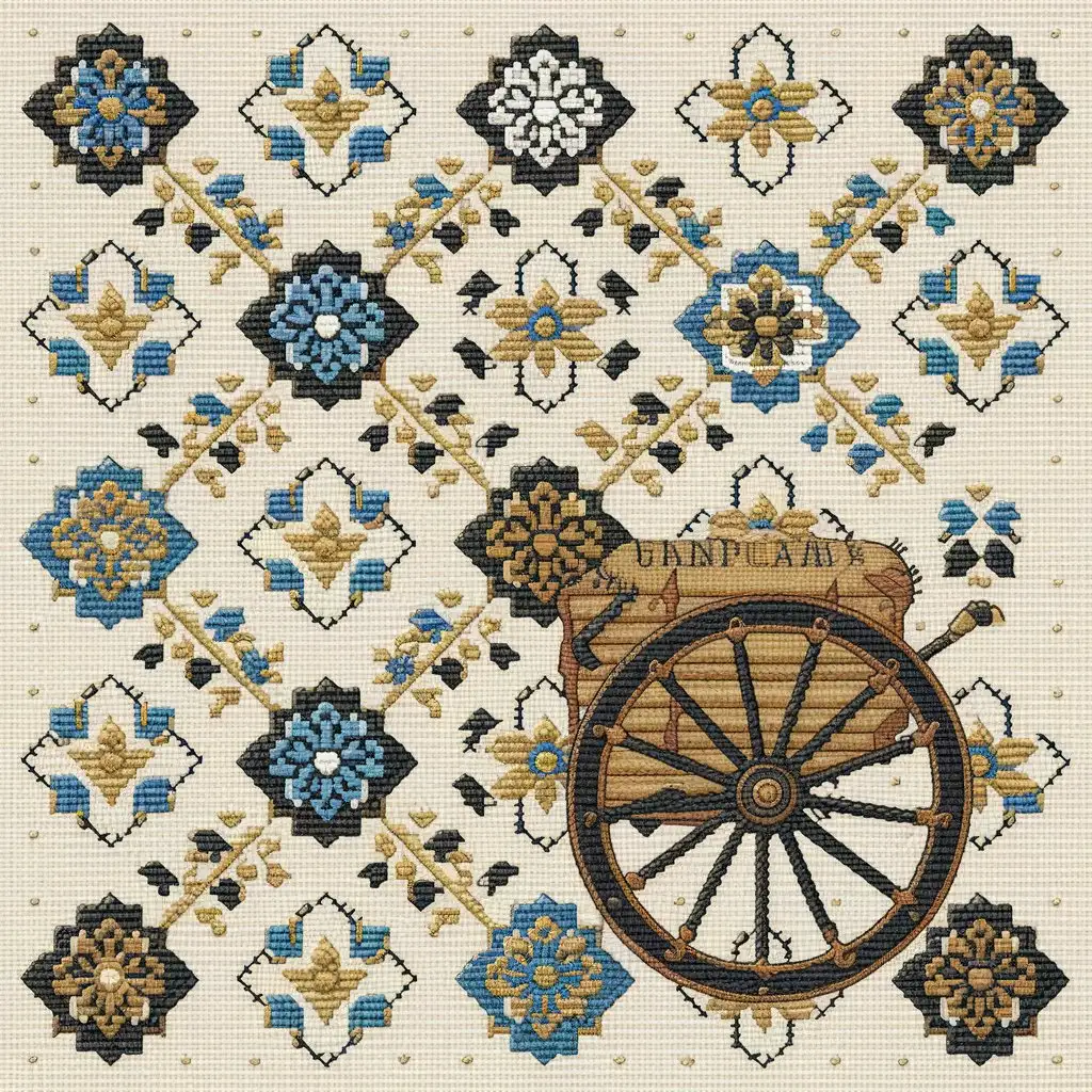 Enchanted Victorian Cross Stitch with Blue Gold and Black Flower Icons on Cream Background