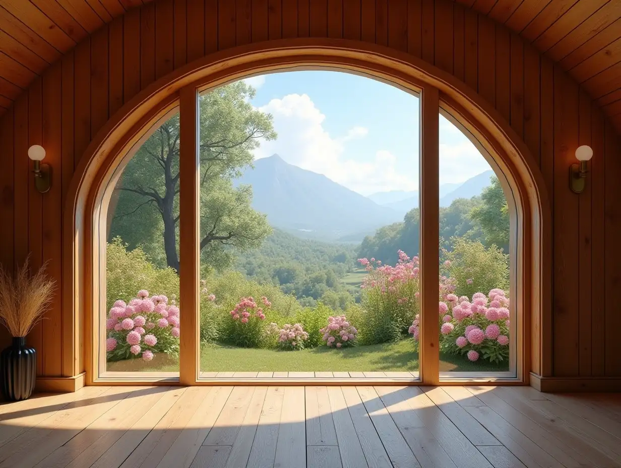 a wooden room with a large window overlooking a beautiful and flowery view