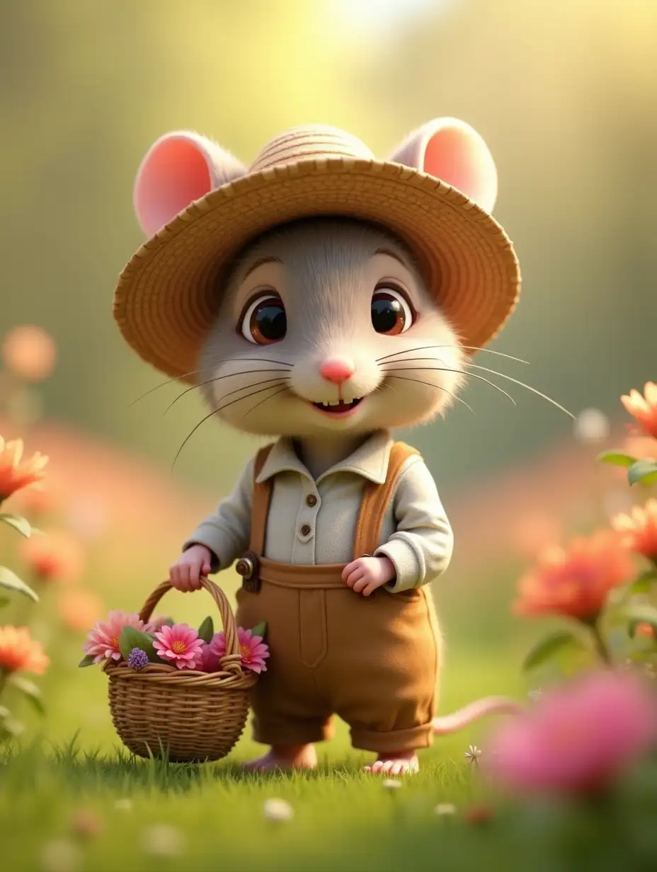 3D animation, cute image of anthropomorphic mouse in linen shirt and breeches with suspenders, in a straw hat with wide brim stands in the garden, holding a wicker basket with flowers in its paws; against the background of a blurred flower garden. natural morning light. Cute, funny, cartoonish. High definition, shallow depth of field, 4K 8K