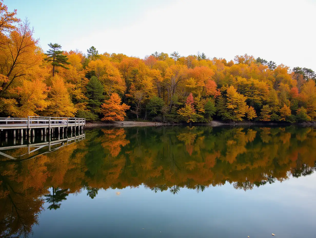 Autumn forest landscape reflection on the water with wooden pier.