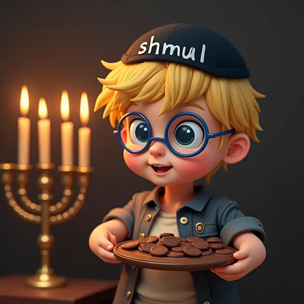 blonde boy with blue round glasses, with the name 'shmuli' written on his black yarmulka. and there are chocolate coins in his hand. there's a menorah with 4 candles lit in the background.