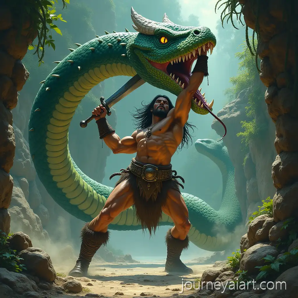 Conan-theConan-vs-Serpent-Battle-Barbarian-Battling-a-Giant-Serpent-in-Jungle-Ruins