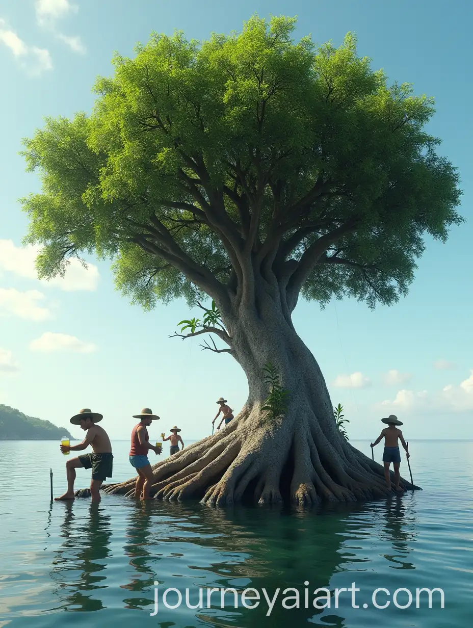 Giant-Mangrove-Tree-with-Tiny-Workers-Planting-Seedlings-on-a-Dramatic-Beach-Coastline