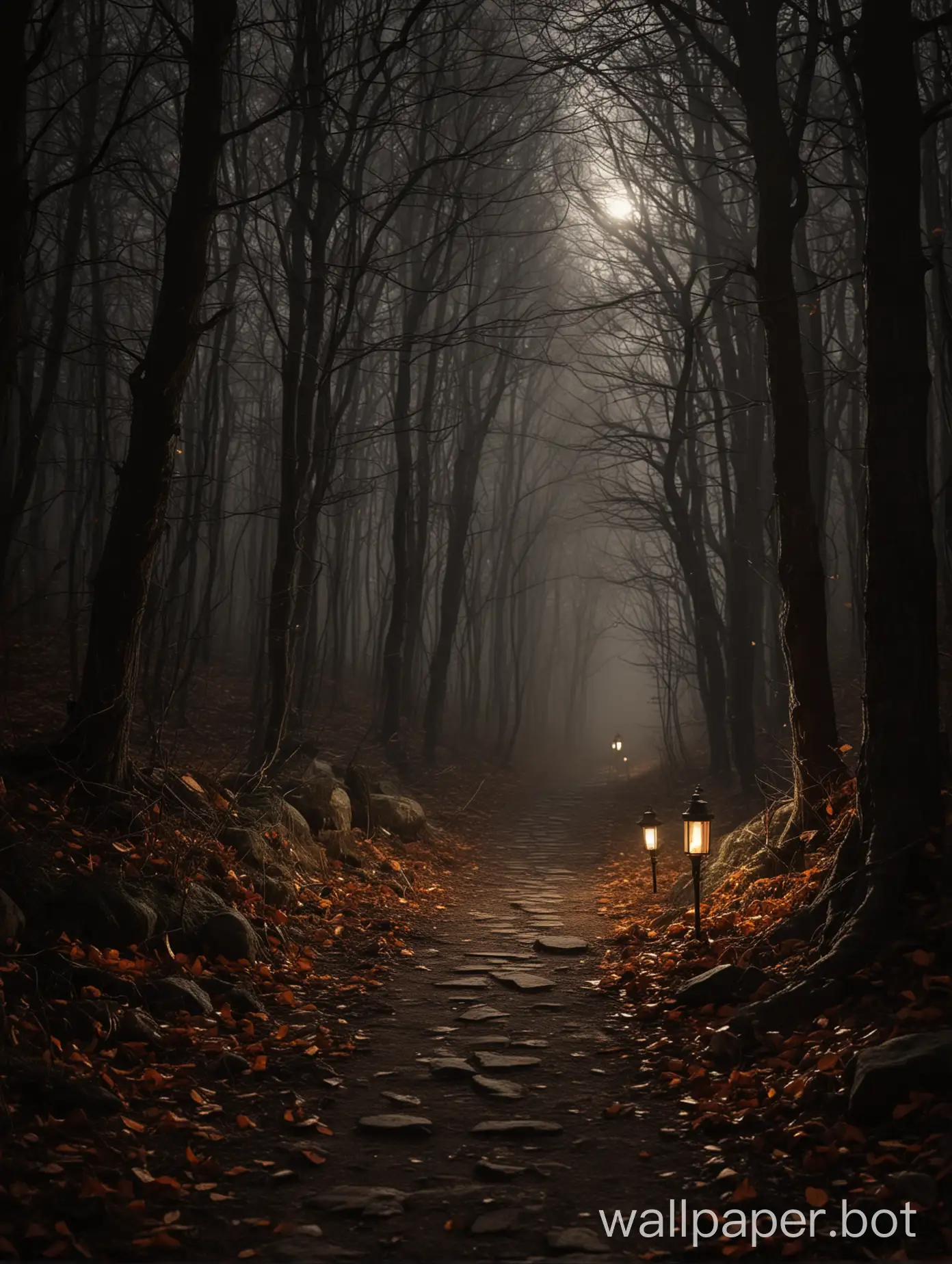 A dark forest path on Halloween lit by a lamp