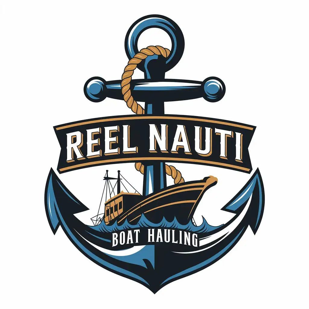 LOGO Design for REEL NAUTI Vintage Anchor with Waves and Boat Hauling Theme