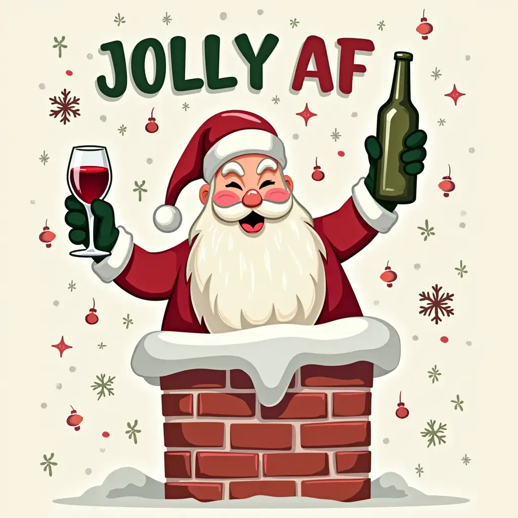 Create a humorous Christmas-themed graphic featuring a Santa Claus sticking his head out of a chimney, holding a glass of wine and a beer bottle. Santa should have a mischievous grin and a wink in his eye. The text 'JOLLY AF' should be prominently displayed in bold, contrasting fonts, with a playful, handwritten style. The background should be a light, neutral color with snowflakes scattered around. Consider adding other festive elements, such as Christmas lights or presents, to enhance the visual appeal. The overall style should be lighthearted and fun, with a touch of irony.