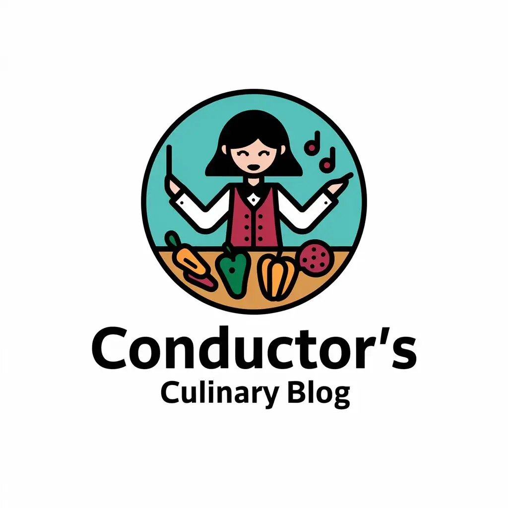 LOGO-Design-for-Conductors-Culinary-Blog-Round-Logo-Featuring-Girl-Conductor-with-Vegetables-on-Kitchen-Table