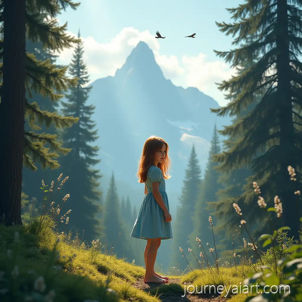 Young-Woman-in-Light-Blue-Dress-Standing-on-Forest-Moss-Amid-Majestic-Firs