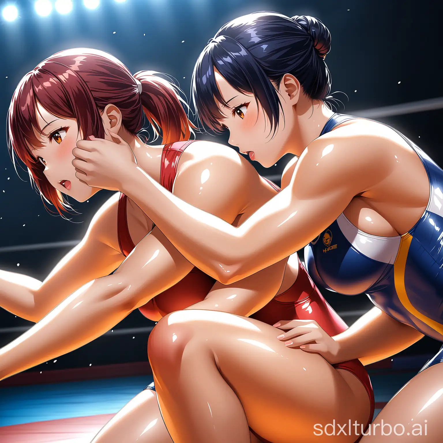 Two-Gorgeous-Athletic-Asian-Weightlifters-Grappling-in-Bright-Wrestling-Uniforms