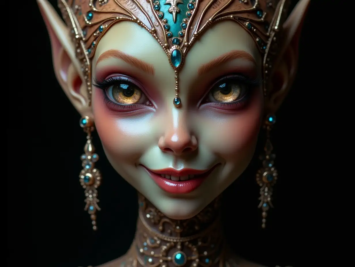 Depiction of a beautiful alien with makeup, shimmering around the eyes with a smile and intricately detailed, colorful and futuristic jewelry. Black background  10-mm shot