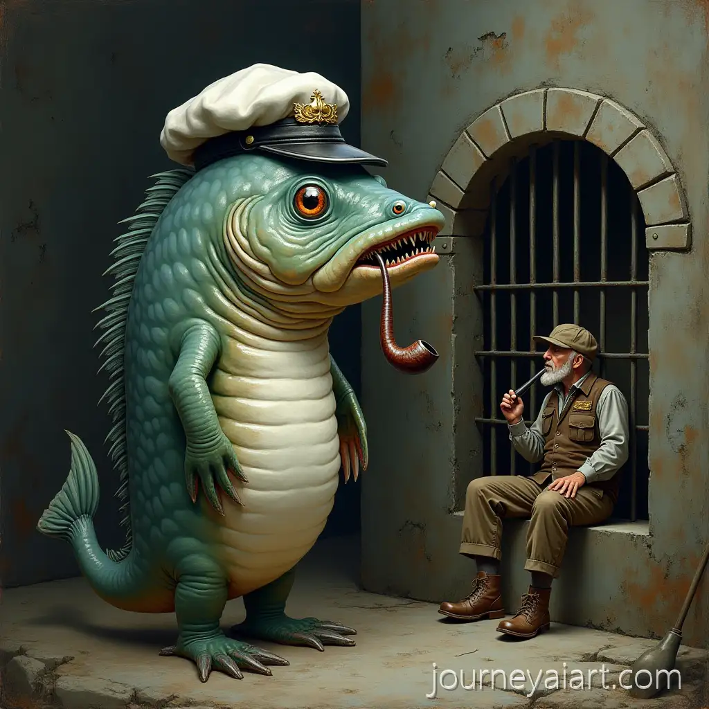 CatCatfish-sailor-near-prisonfish-Wearing-Sailors-Cap-with-Pipe-Near-Prison-Cell-with-Poacher