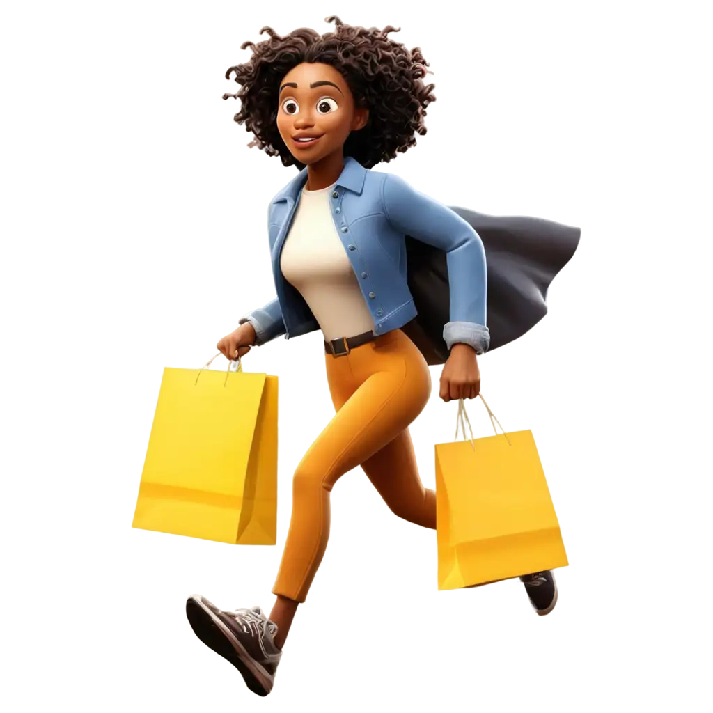 PNG-Image-of-a-Black-Woman-Running-with-a-Yellow-Shopping-Bag-in-Pixar-Style