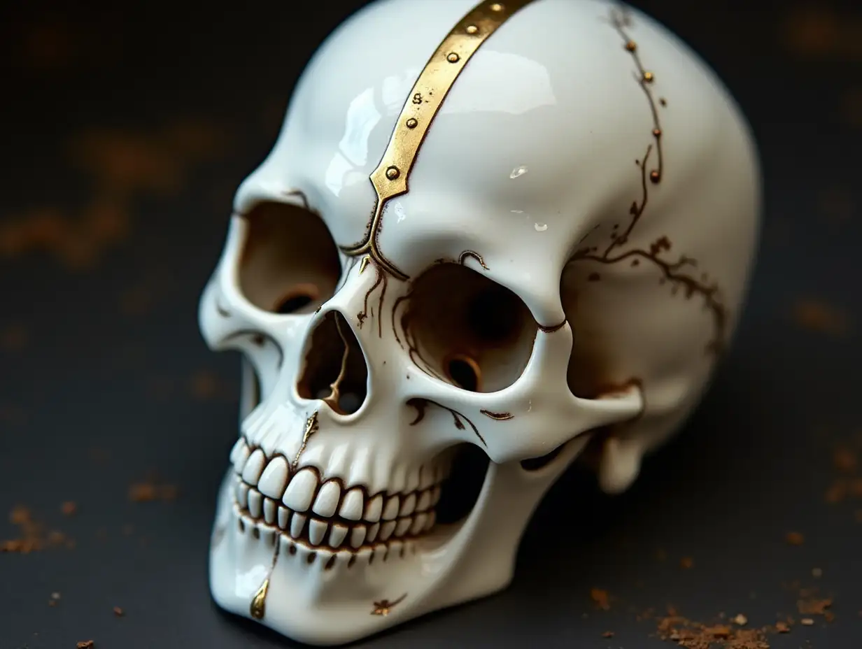 Cyber Totenkopf mit Glasaugen, Porcelain with golden stripe ornaments Steampunk 100 mm Capture