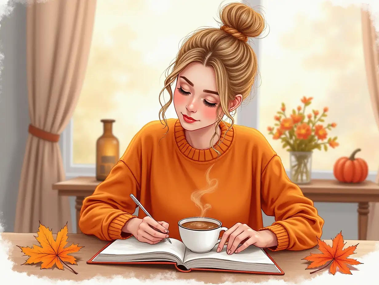 Watercolor painting depicting a young blonde woman writing in a notebook, with her hair tied up in a bun, wearing a cozy orange sweater. She is surrounded by fall leaves and a warm cup of coffee. Soft, diffused light streams in through the window, creating a serene atmosphere. In the background is a subtle, blurred view of a wooden table and fall decorations. Created using: watercolor strokes, warm color palette, soft lighting, soft shadows, detailed textures, autumnal tones, fine lines, hd quality, natural look