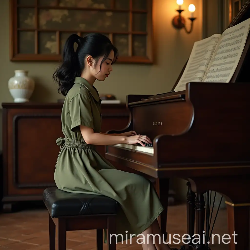 Young Thai Woman Playing Upright Piano in Luxurious Room